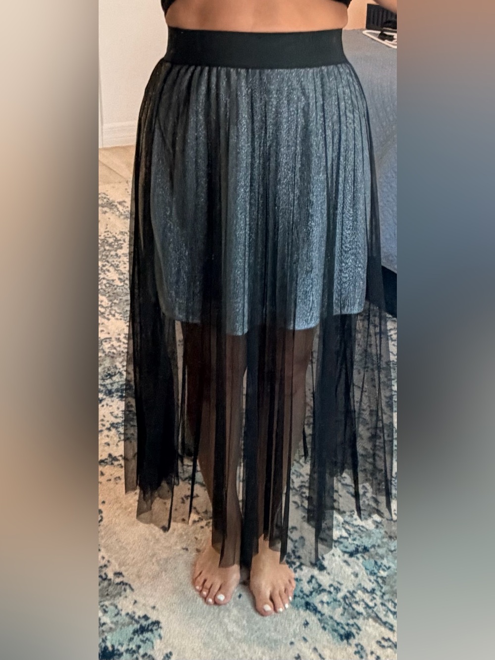 French Connection Black Sheer High-Low Pleated Skirt